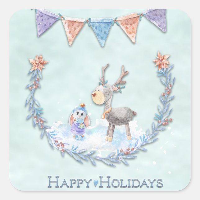 Happy Holidays Reindeer Bunny Wreath Snow Scene    Square Sticker (Front)
