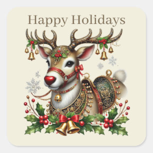 Happy Holidays reindeer Christmas add text Square Sticker