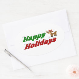 Happy Holidays Reindeer Christmas typography  Oval Sticker