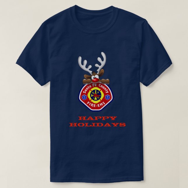 Happy Holidays Reindeer Santa Fe County Fire-EMS T-Shirt (Design Front)