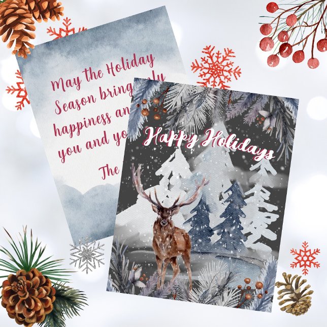Happy Holidays Reindeer Winter Watercolor Scene Holiday Card (Happy Holidays Watercolor Deer in Woods Snow Scene Holiday Card)
