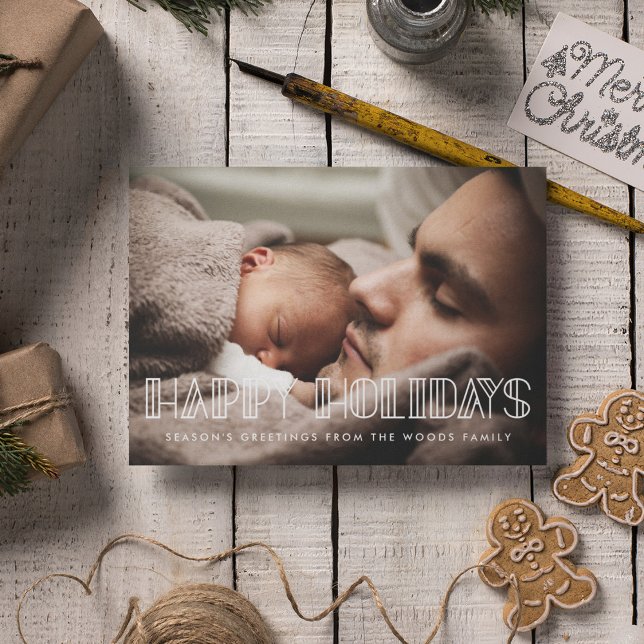 Happy Holidays Retro Art Deco Script Photo Holiday Card (Creator Uploaded)
