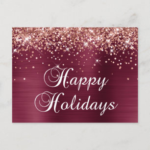 Happy Holidays Rose Gold Glitter Burgundy Red Foil Holiday Postcard