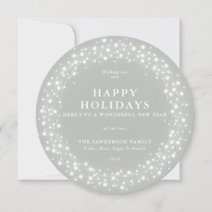 Happy Holidays Round Grey-Green Sparkling Lights Holiday Card
