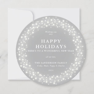 Happy Holidays Round Grey Sparkling Lights Holiday Card