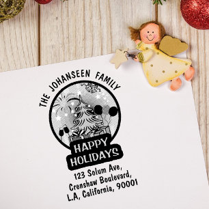 Happy Holidays Rustic Bold Family Return Address Rubber Stamp