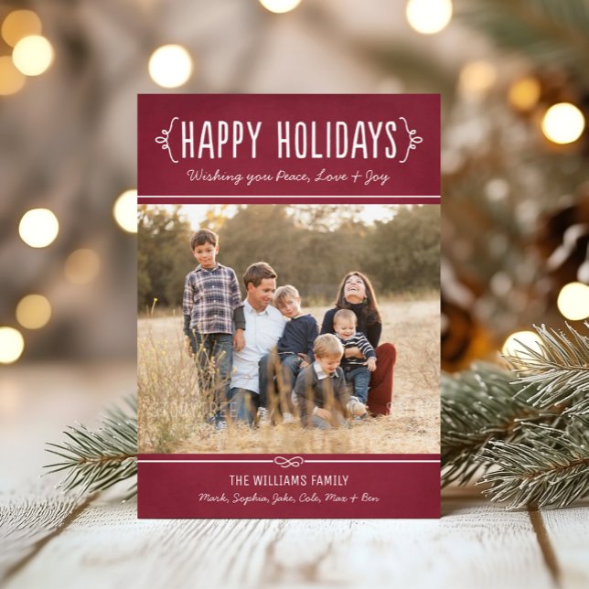 Happy Holidays Rustic Burgundy Family Photo Holiday Card (Creator Uploaded)