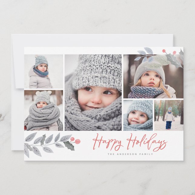 Happy Holidays Rustic Floral Multi-Photo Collage Holiday Card (Front)