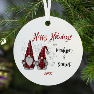 Happy Holidays Rustic Gnomes in Red Buffalo Plaid Metal Tree Decoration