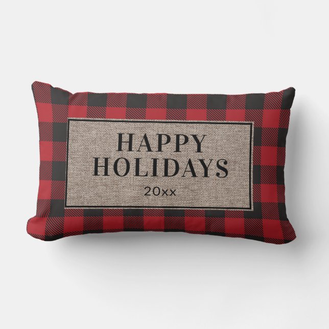 Happy Holidays Rustic Red Buffalo Plaid Burlap Lumbar Cushion (Front)