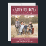 Happy Holidays Rustic Red Wine Photo Holiday Card<br><div class="desc">Send your holiday wishes in style with this simple and warm photo greeting! Card features two photos (front and back) of your family and custom handwritten style text that can be personalized. Design colors: white and deep garnet / burgundy red with a rustic suede textured appearance. Front photo photography ©...</div>