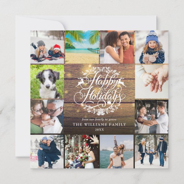 Happy Holidays Rustic Wood 12 Photo Collage Holiday Card (Front)