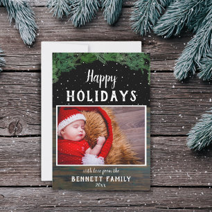 Happy Holidays Rustic Wood Modern Christmas Photo Holiday Card