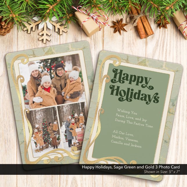 Happy Holidays Sage Green and Gold 3 Photo Card (Happy Holidays, Sage Green and Gold Holiday Three (3) Photo Greeting Card)