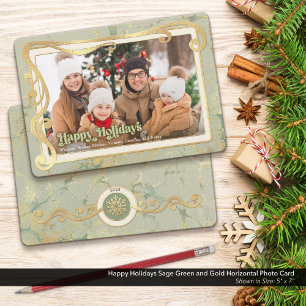 Happy Holidays Sage Green & Gold Photo Card