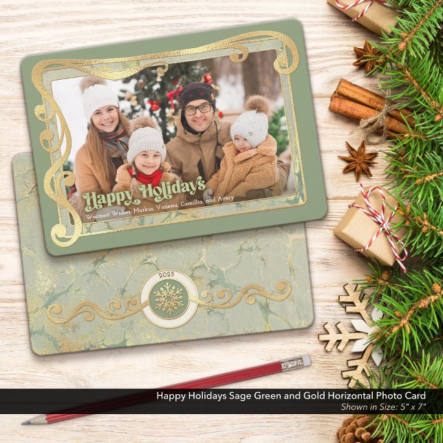 Happy Holidays Sage Green & Gold Photo Card (Happy Holidays Photo Card with a Touch of Vintage Whimsy and Peaceful Sage Green & Gold Colors.)