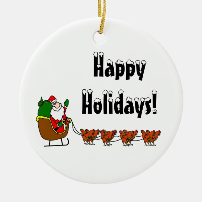 Happy Holidays Santa and Chickens Ceramic Tree Decoration (Front)