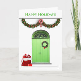 Happy Holidays Santa Bag Green Doors Christmas Holiday Card