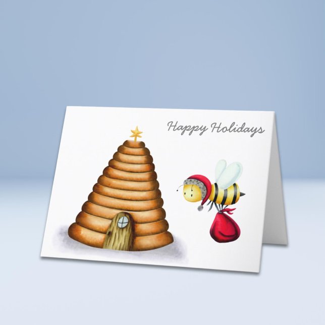 Happy Holidays Santa Bee Beehive Holiday Card (Creator Uploaded)