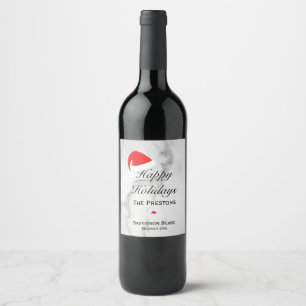 Happy Holidays Santa Hat Wine Label on Marble