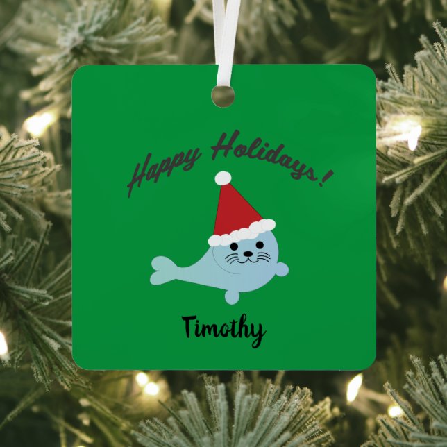 Happy Holidays Santa Seal Metal Tree Decoration (Insitu)