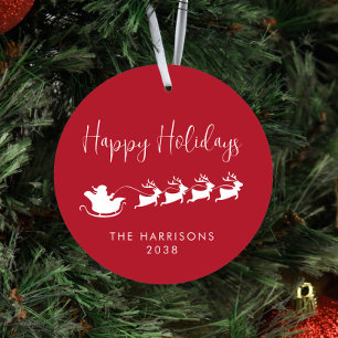 Happy Holidays Santa Sleigh Photo Red Christmas Metal Tree Decoration