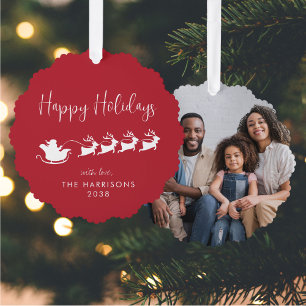 Happy Holidays Santa Sleigh Photo Red Christmas Tree Decoration Card