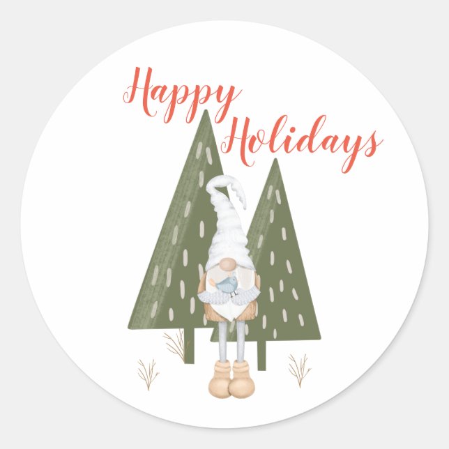 Happy Holidays Scandinavian Gnome Trees Classic Round Sticker (Front)