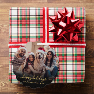 Happy Holidays Script Black Gold 2 Photo Christmas Tree Decoration Card