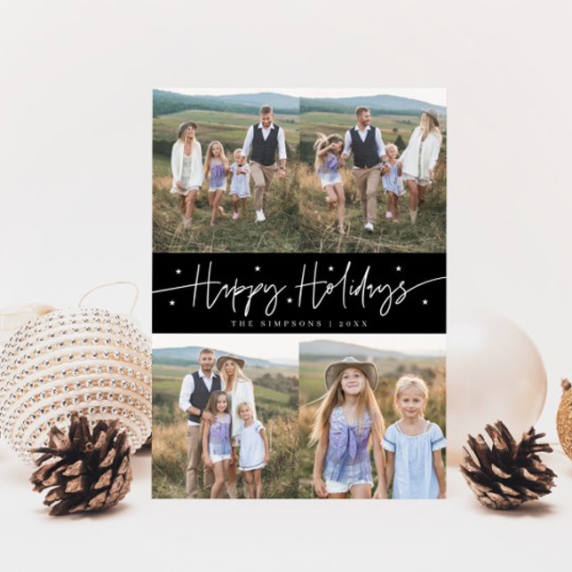 Happy Holidays Script Black Multi Photo Holiday Card (Creator Uploaded)
