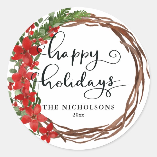 Happy Holidays Script Christmas Red Holly Wreath  Classic Round Sticker (Front)