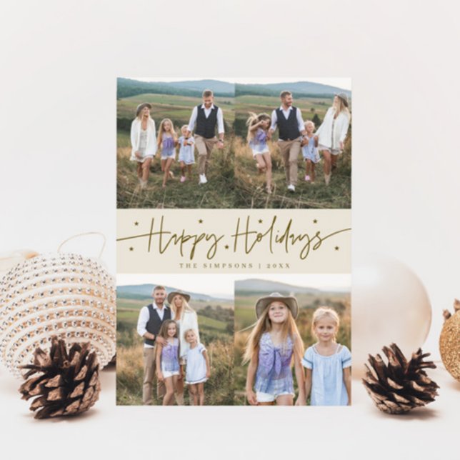 Happy Holidays Script Cream Multi Photo Holiday Card (Creator Uploaded)