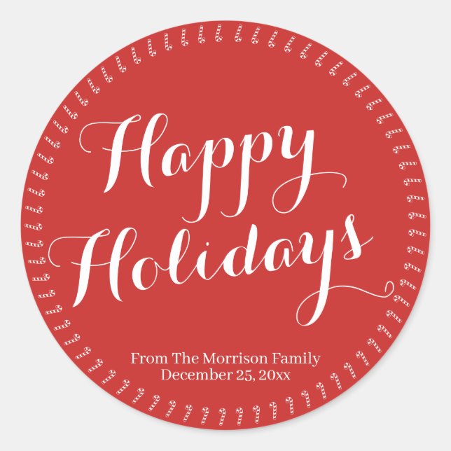 Happy Holidays script dark red custom family name Classic Round Sticker (Front)