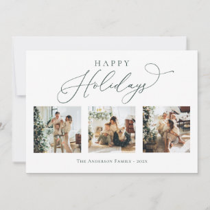 Happy Holidays Script Green 3 Multi Photo Collage Holiday Card