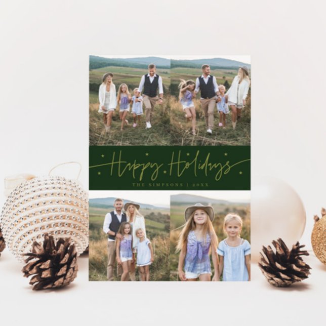 Happy Holidays Script Green Multi Photo Holiday Card (Creator Uploaded)