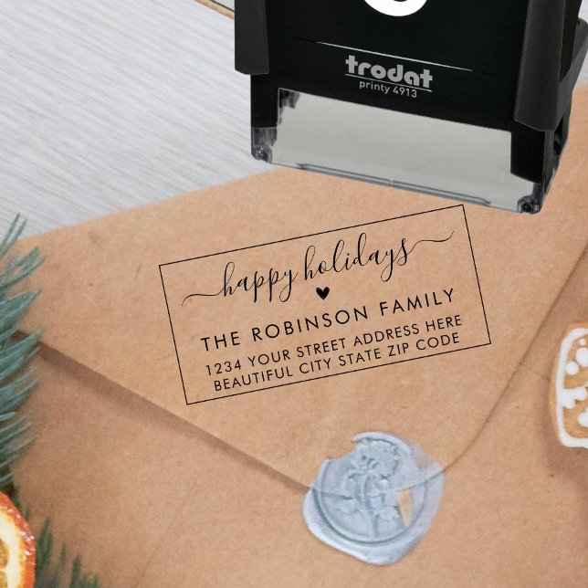 Happy Holidays Script Heart Return Address  Self-inking Stamp (Creator Uploaded)