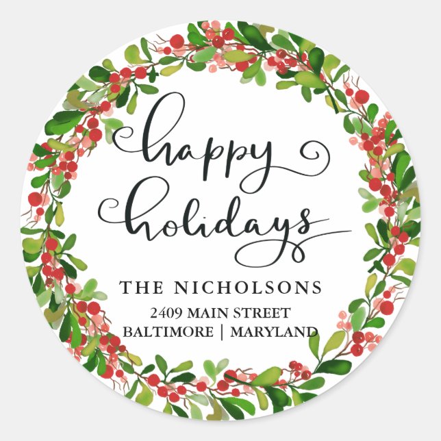 Happy Holidays Script | Holiday Return Address  Classic Round Sticker (Front)