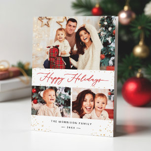 Happy Holidays Script Modern Gold Confetti 3 Photo Holiday Card