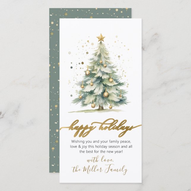 Happy Holidays Script Non Photo Christmas Tree Holiday Card (Front/Back)