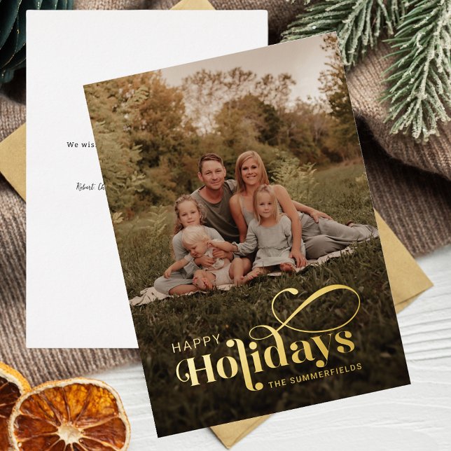 Happy Holidays Script Photo Christmas Gold (Rustic Christmas Holidays Family Photo Greetings Gold Foil Card)