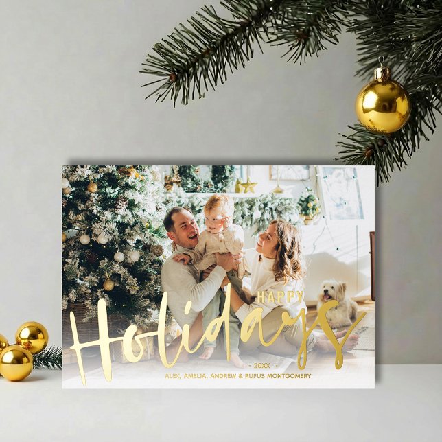 Happy Holidays Script Photo Gold (REAL GOLD FOIL Happy Holidays script photo greeting cards)