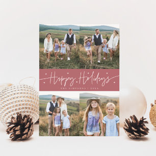 Happy Holidays Script Pink Multi Photo Holiday Card