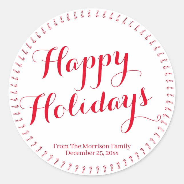 Happy Holidays script red custom family name Classic Round Sticker (Front)