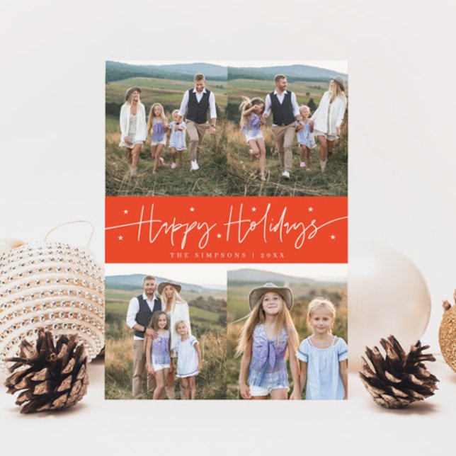 Happy Holidays Script Red Multi Photo Holiday Card (Creator Uploaded)