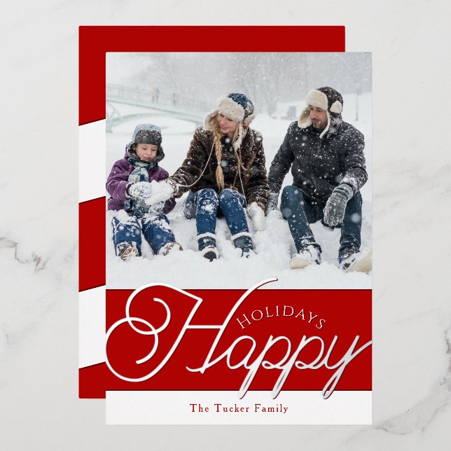 Happy Holidays Script Red & Silver Photo Christmas (Front/Back)
