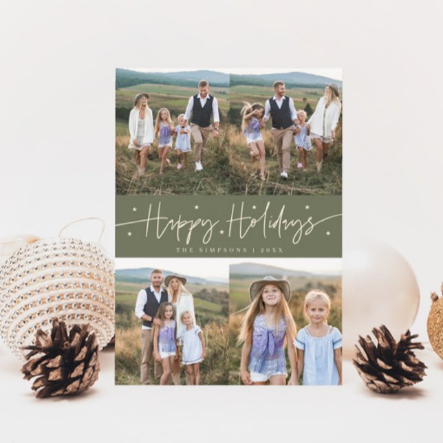 Happy Holidays Script Sage Green Multi Photo Holiday Card (Creator Uploaded)