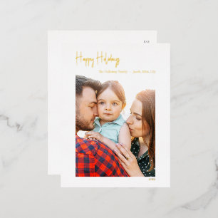 Happy Holidays Script Vertical Single Photo Gold Foil Holiday Postcard
