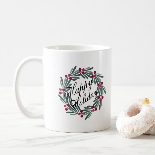 Happy Holidays Script White Wreath Pretty Coffee Mug (With Donut)