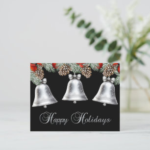 Happy Holidays Silver Bells with Pine Cones Holiday Postcard