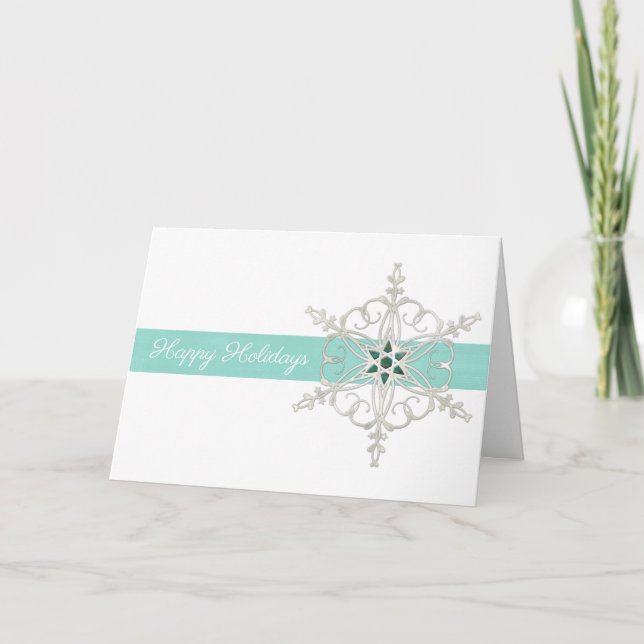 Happy Holidays Silver Blue Snowflake Christmas Holiday Card (Front)